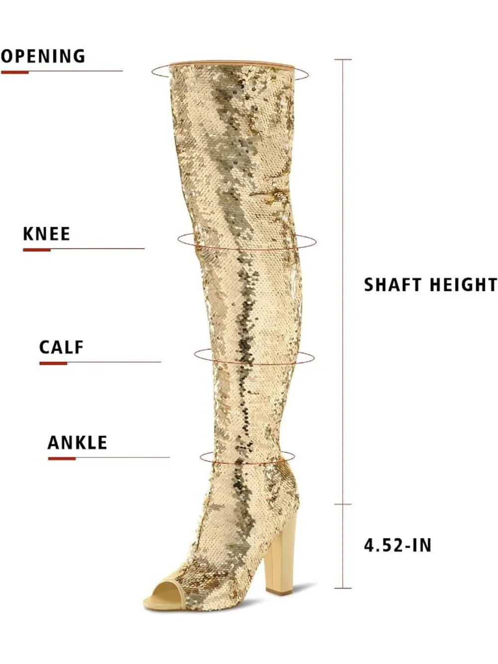 Women's Gold Chunky High Heels Open Toe Sequin Over The Knee Thigh High Boots